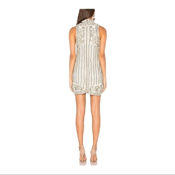 X by NBD Revolve Ivory Silver Pearl Beaded High Neck Mini Sheath Dress Small - Picture 3 of 12